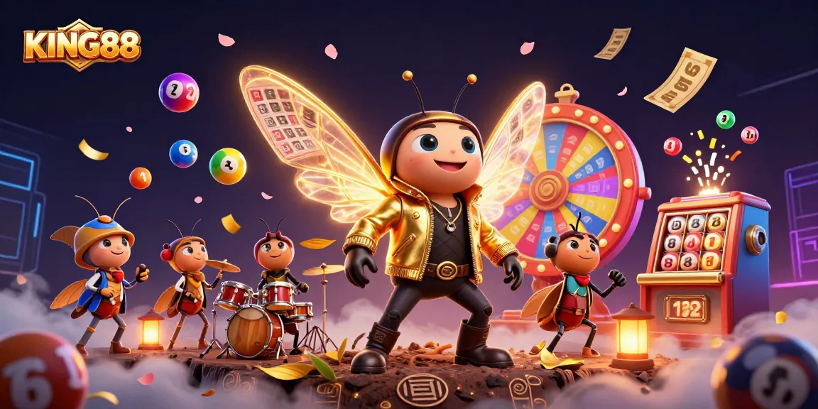 Engage with KING88 in this vibrant 3D casino illustration, featuring dynamic characters and game elements.
