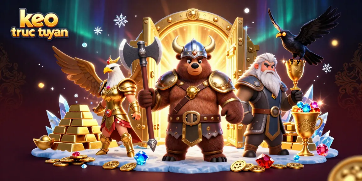 Experience thrilling betting with keo truc tuyen, featuring a vibrant illustration of Viking warriors and treasures.
