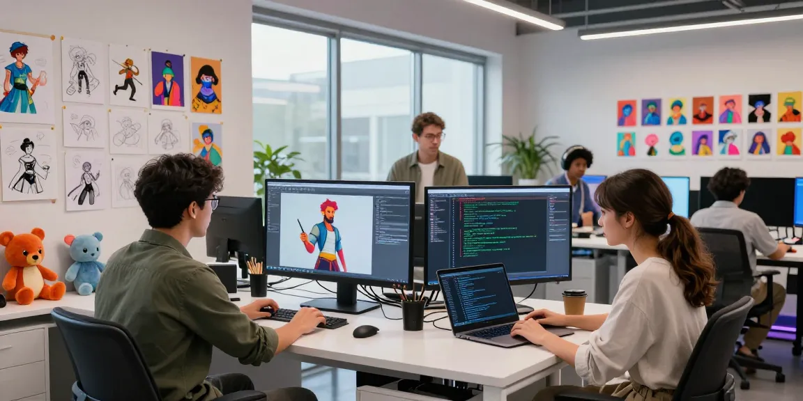 Creative team developing AI NSFW content in a dynamic office setting, showcasing collaboration and innovation.