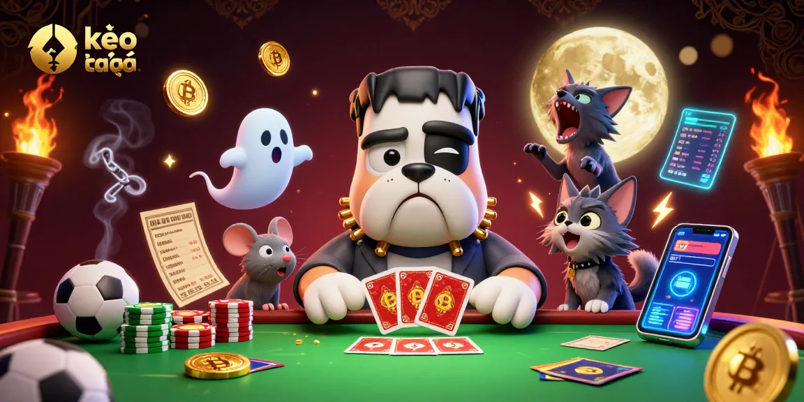 Engage in thrilling kèo nhà cái sports betting with animated characters at a haunted casino table.