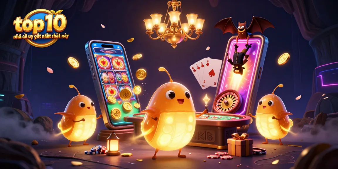 Engage with the top 10 nhà cái uy tín nhất hiện nay in a vibrant 3D casino scene featuring glowworms.