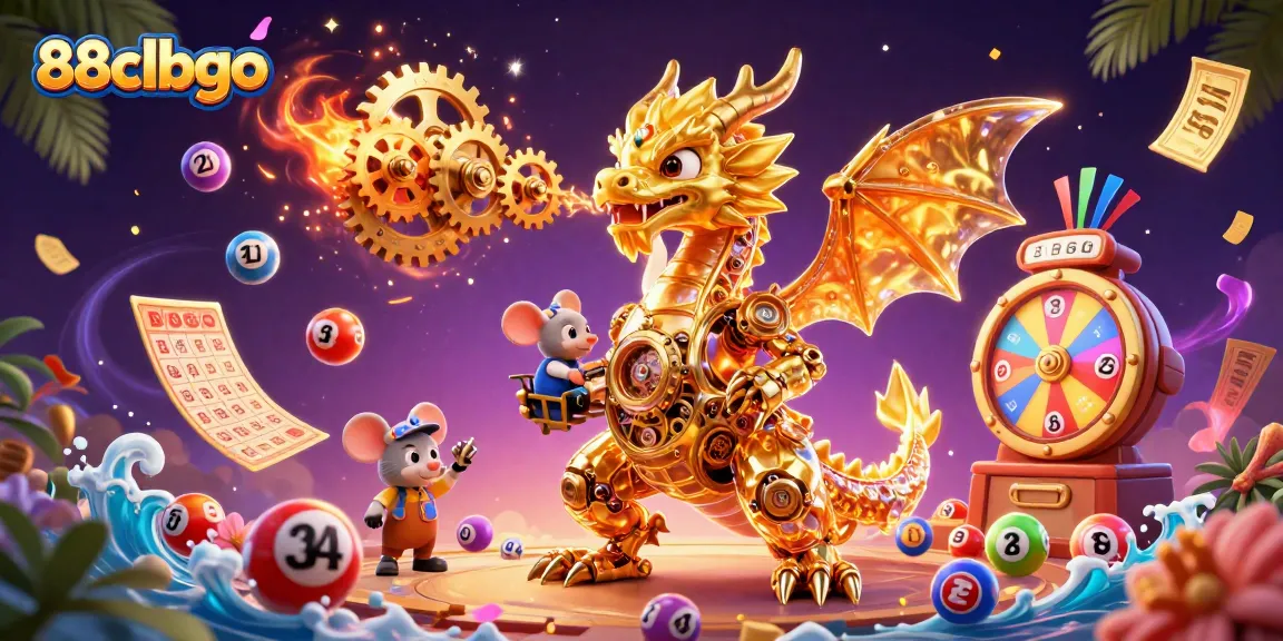 Experience the thrill of gaming with 88clbgo's vibrant lottery scene featuring a mechanical dragon and dynamic elements.