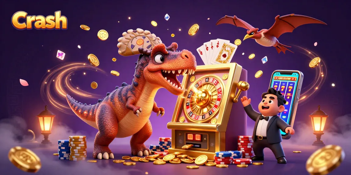 Players experience Crash game excitement with vibrant coins and jackpots in a cartoon casino.