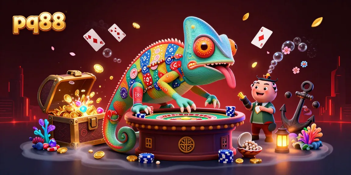 Engage in thrilling gambling at pq88, featuring a vibrant scene with a chameleon and dynamic casino elements.