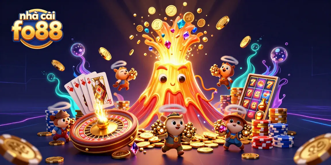 Experience the thrilling world at nhà cái fo88 with a vibrant illustration capturing treasures, games, and excitement.