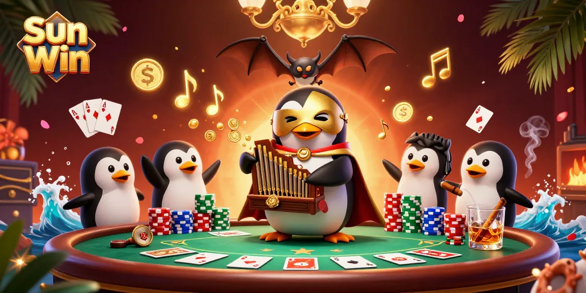 Experience thrilling gaming at Sun Win with a vibrant 3D casino scene featuring a playful penguin and dynamic poker elements.