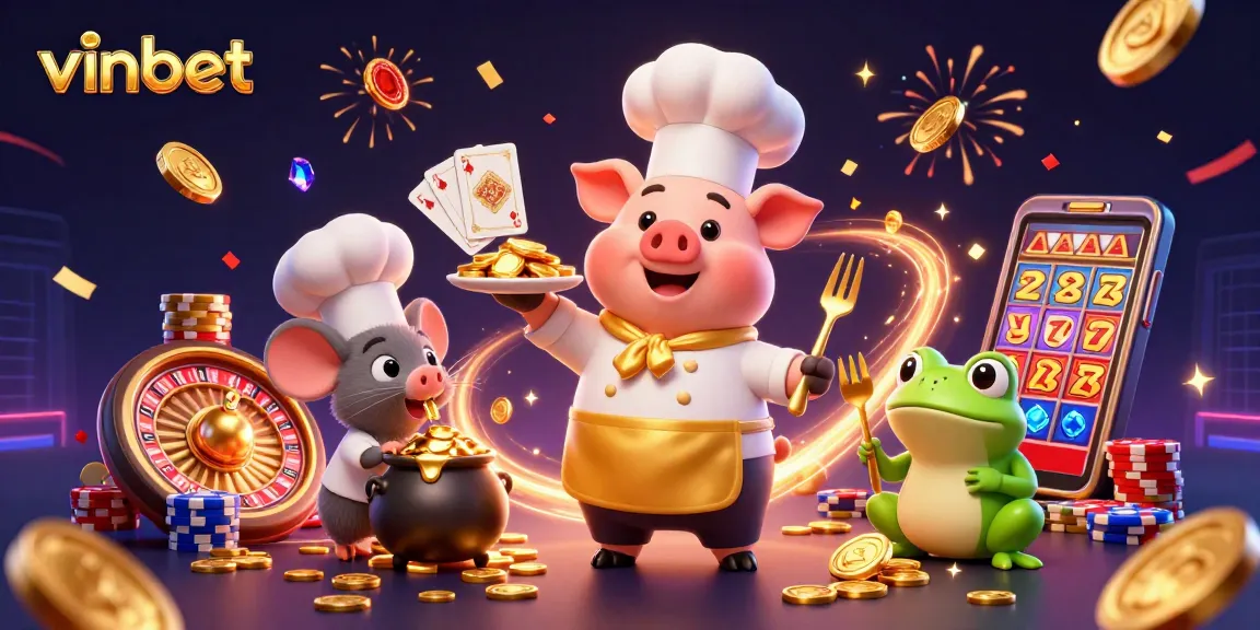 Experience the excitement of vinbet with a vibrant 3D casino scene featuring animated characters enjoying gold coins and gaming elements.