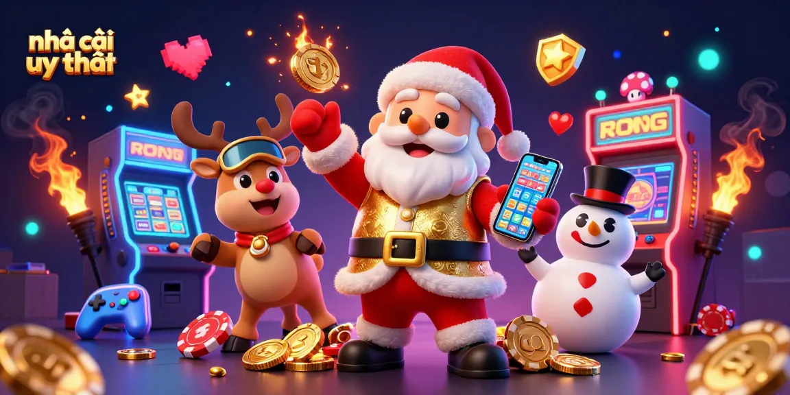 Experience excitement at nhà cái uy tín, illuminated by vibrant slot games in a festive casino scene