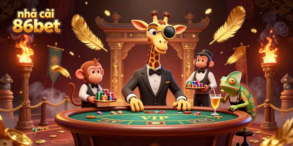 Experience excitement at nhà cái 86bet with a high-roller giraffe, vibrant casino elements, and golden cocktails.