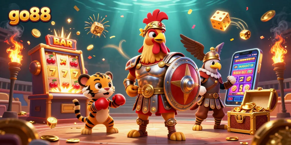 Join the action at go88 with a vibrant casino scene featuring a gladiator rooster and rich jackpots.