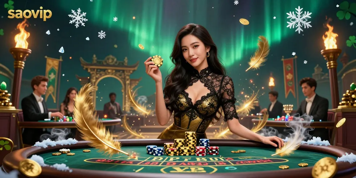 Experience high-stakes gaming action at saovip's exclusive baccarat table with golden chips and rich atmosphere.