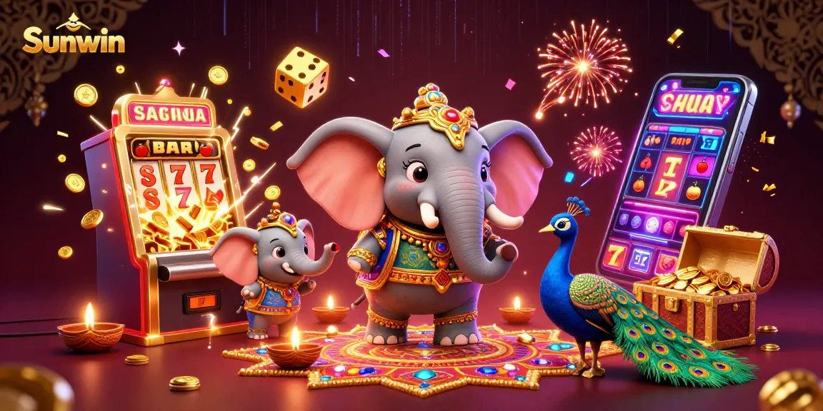 Experience the excitement of Sunwin's online gambling with vibrant slot machines and festive elements.
