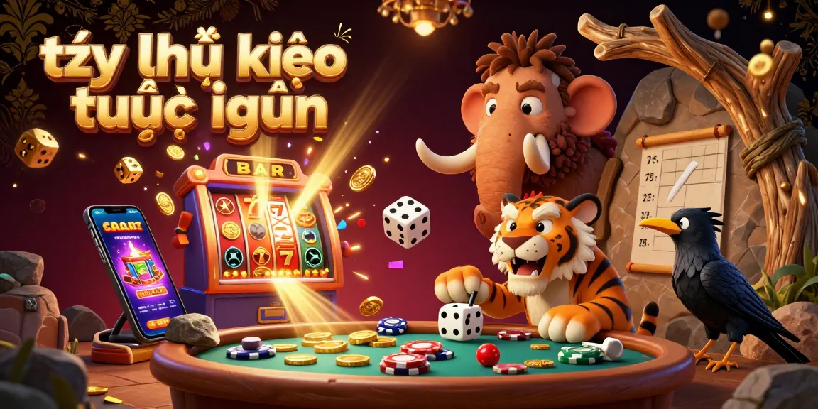 Experience the thrilling action with tỷ lệ kèo trực tuyến in a dynamic casino scene featuring a caveman duo, slot machines, and golden winnings.
