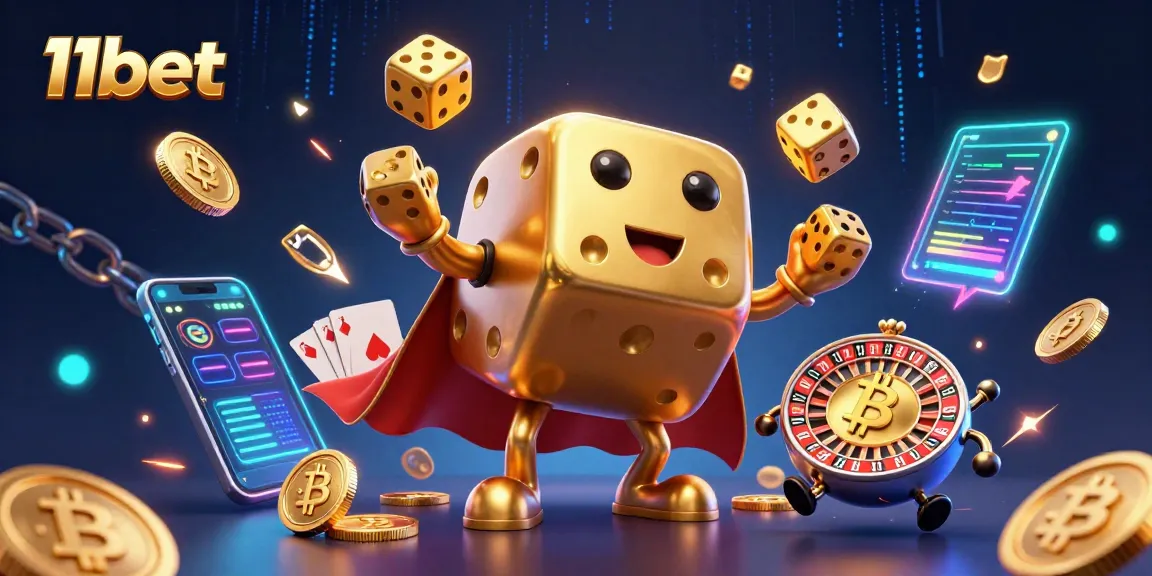 Engage with 11bet's dynamic gaming graphics featuring gold dice and neon crypto elements.