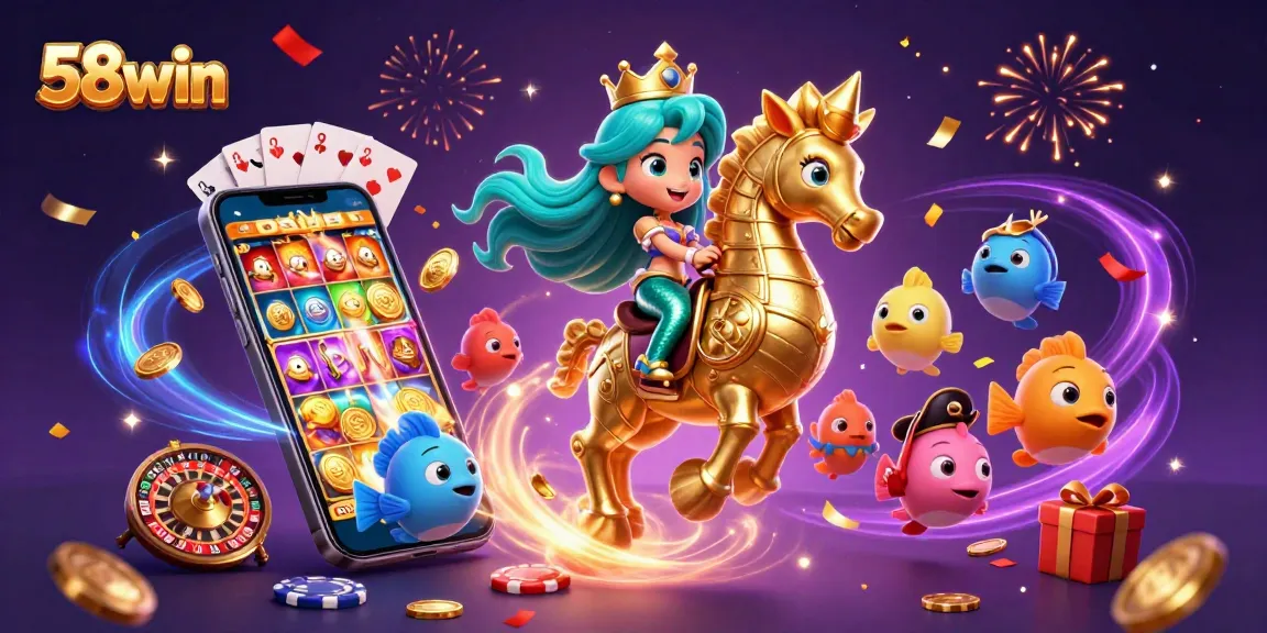 Experience 58win's thrilling casino action with a vibrant mermaid riding a seahorse amidst lively slot game elements.