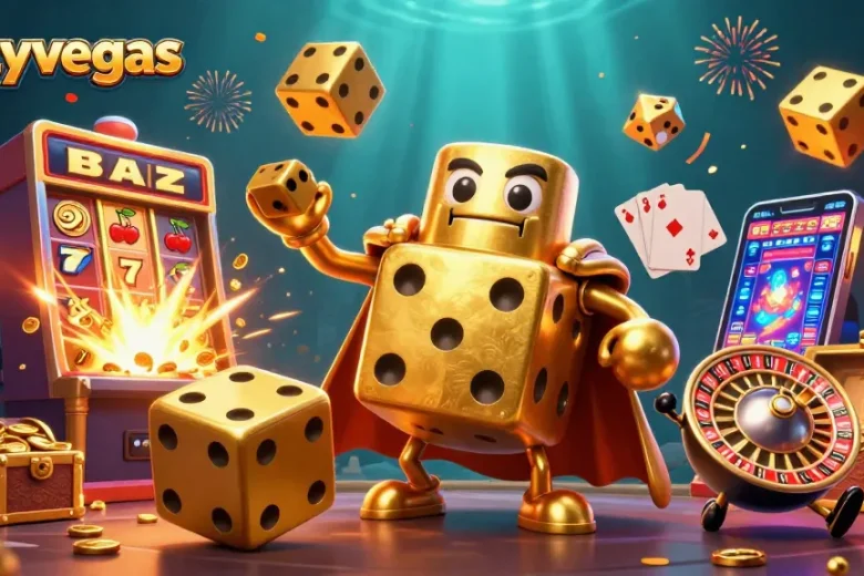 Experience the excitement of crazyvegas with a dynamic scene of golden dice and jackpot action.