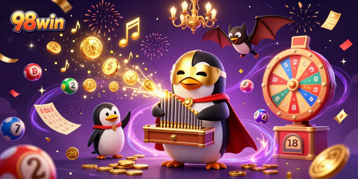 Experience excitement with 98win as a penguin plays an organ that shoots coins in a festive casino scene.