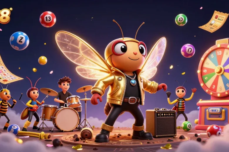 UU88 engages players with a vibrant 3D scene of a cicada rock star amidst dynamic lottery elements.