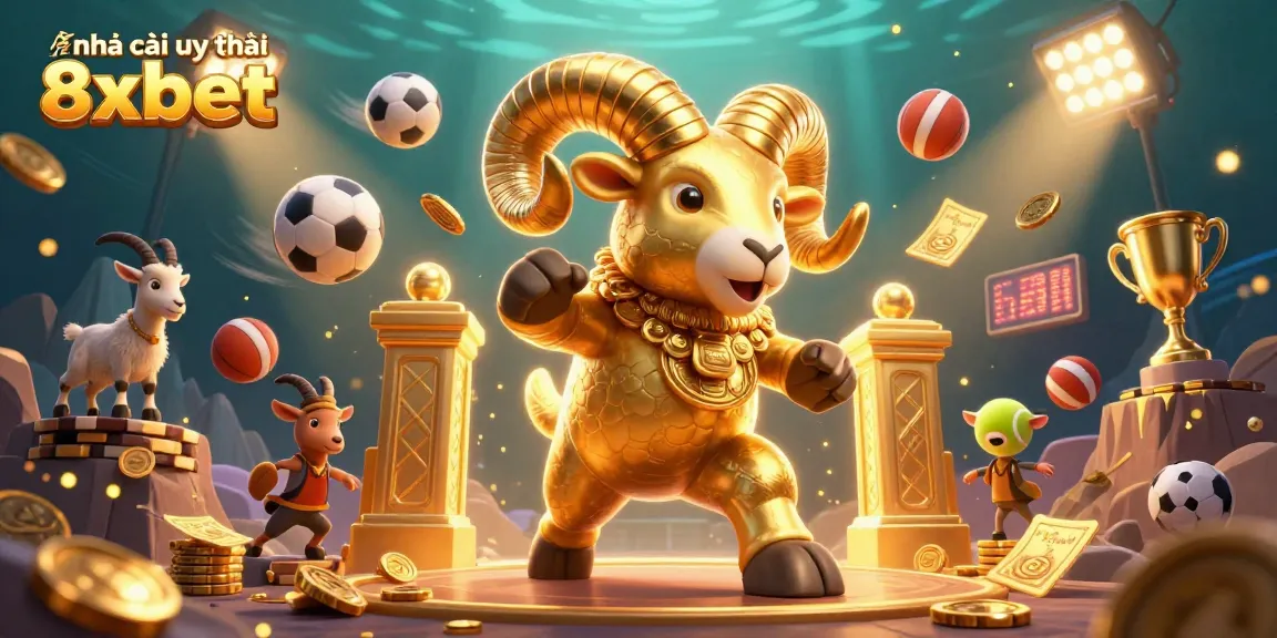 Experience the thrill of betting at nhà cái uy tín 8xbet with this energetic illustration of a golden ram charging through a golden gate.