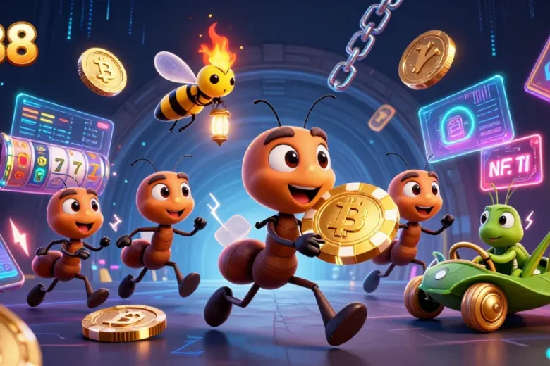 Join the heist with lu88 as ants carry a giant golden poker chip through a vibrant casino world.