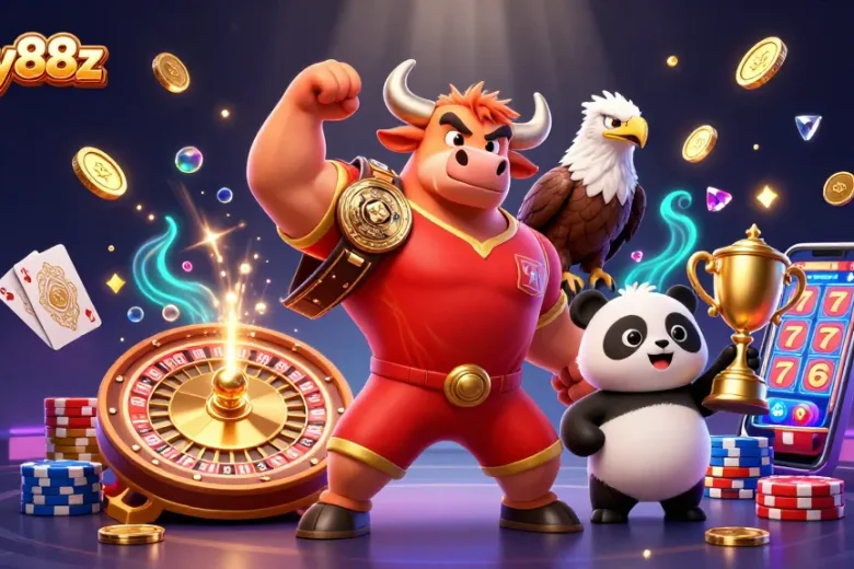 Experience excitement with lucky88z in this vibrant 3D casino scene full of action and gaming elements.