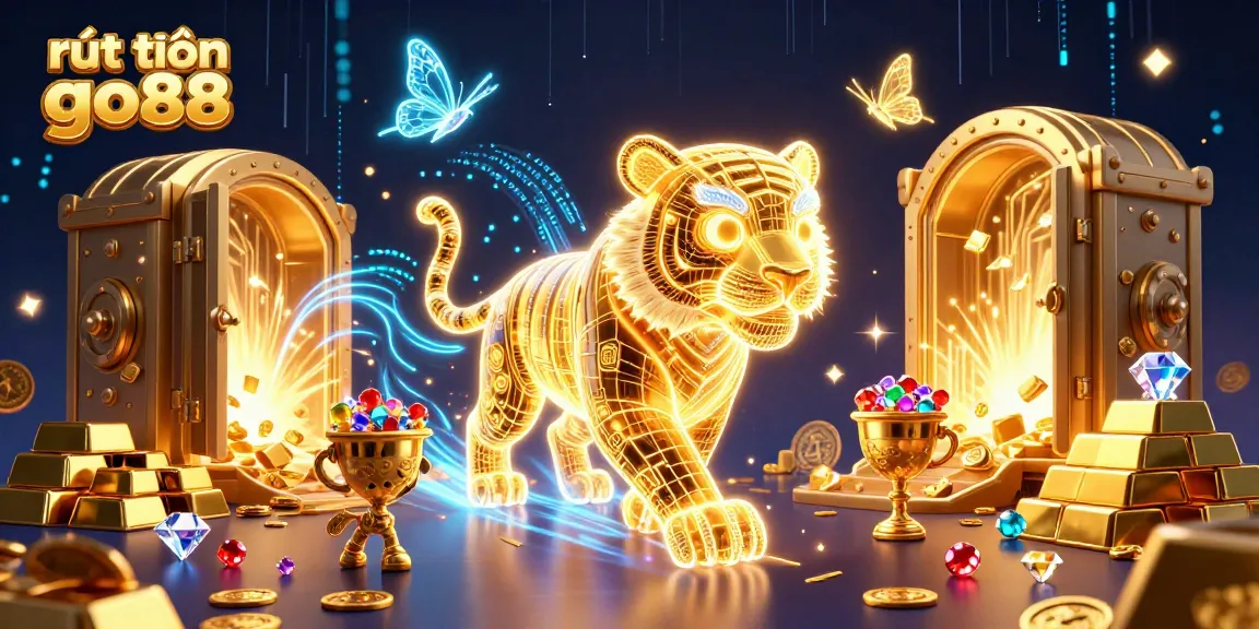 Experience rút tiền go88 with a vibrant golden tiger amidst a dazzling digital casino.