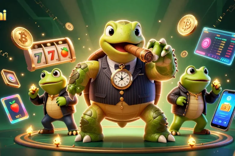 Play exciting games with Dhani win as a cartoon turtle and frog enforcers in a vibrant casino.