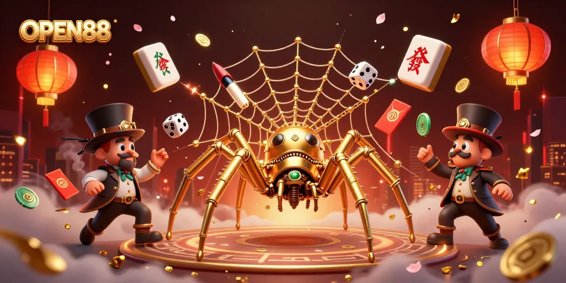 Experience the excitement of OPEN88 with a dynamic 3D casino scene featuring a steampunk spider and game elements.