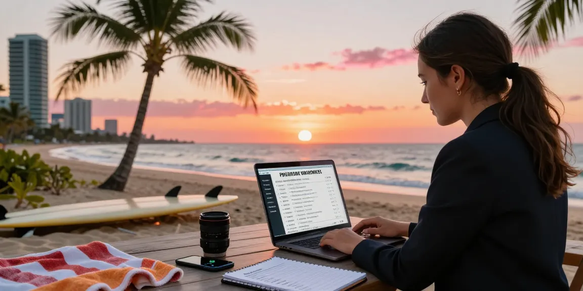 Professional managing short-let property management Gold Coast with beach view, laptop and guest feedback.