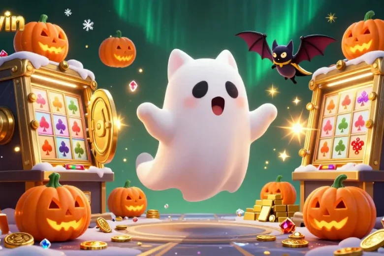 Experience the thrill at vipwin with a ghost cat and vampire bat celebrating in a shimmering casino.