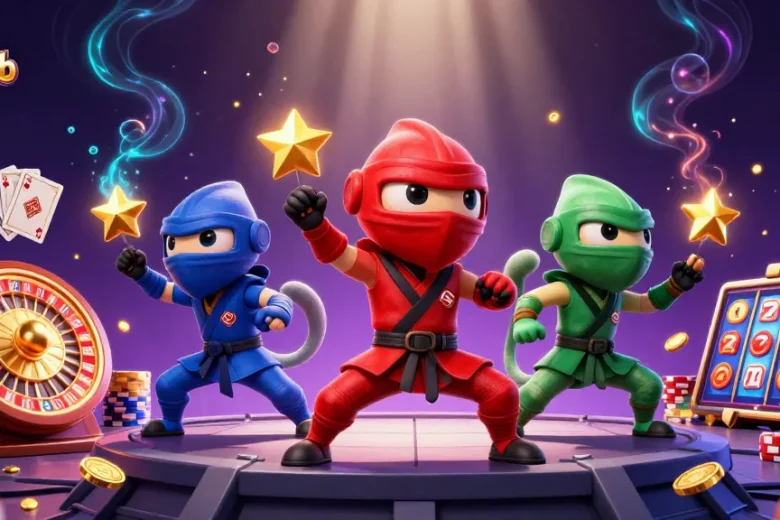 sonclub showcases a vibrant 3D casino scene with lively chameleon ninjas and dazzling game elements.