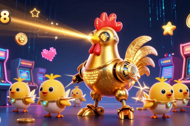 Engage with j188 as the golden rooster robot and baby chick drones showcase lively casino elements in 3D.