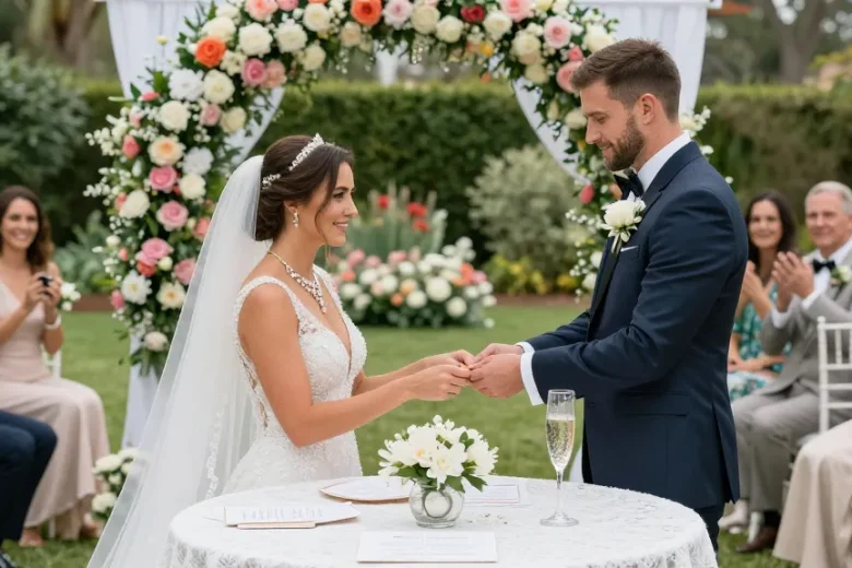 White gold wedding jewellery enhances a bride's elegance during a romantic outdoor wedding ceremony.