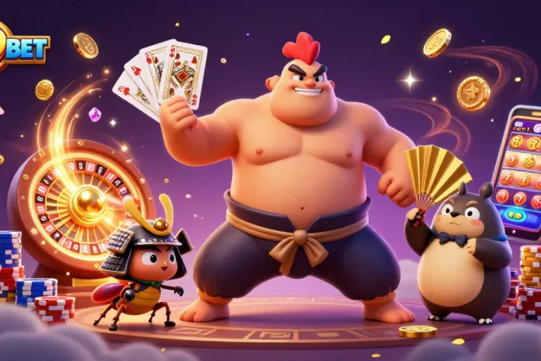 Exciting 789BET casino scene with a sumo rooster, samurai cricket, and tanuki announcer.