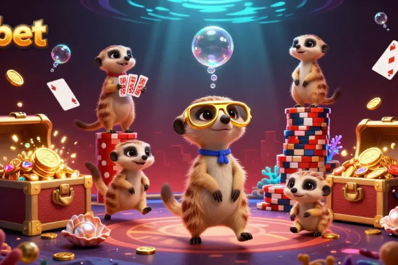 Experience the thrill of Fabet with meerkats running a lively casino, showcasing bright gems and gold coins.