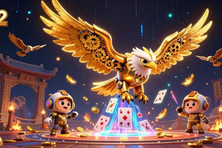 Engage with exciting b52 casino adventures featuring a cybernetic eagle among vibrant playing cards.