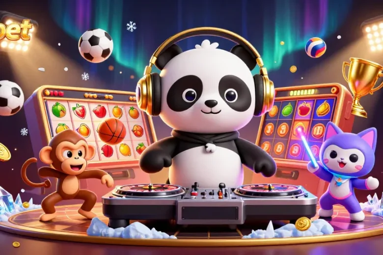 Experience intense gaming at 8xbet with a vibrant 3D illustration of a DJ panda, breakdancing monkey, and glow-stick kitten.